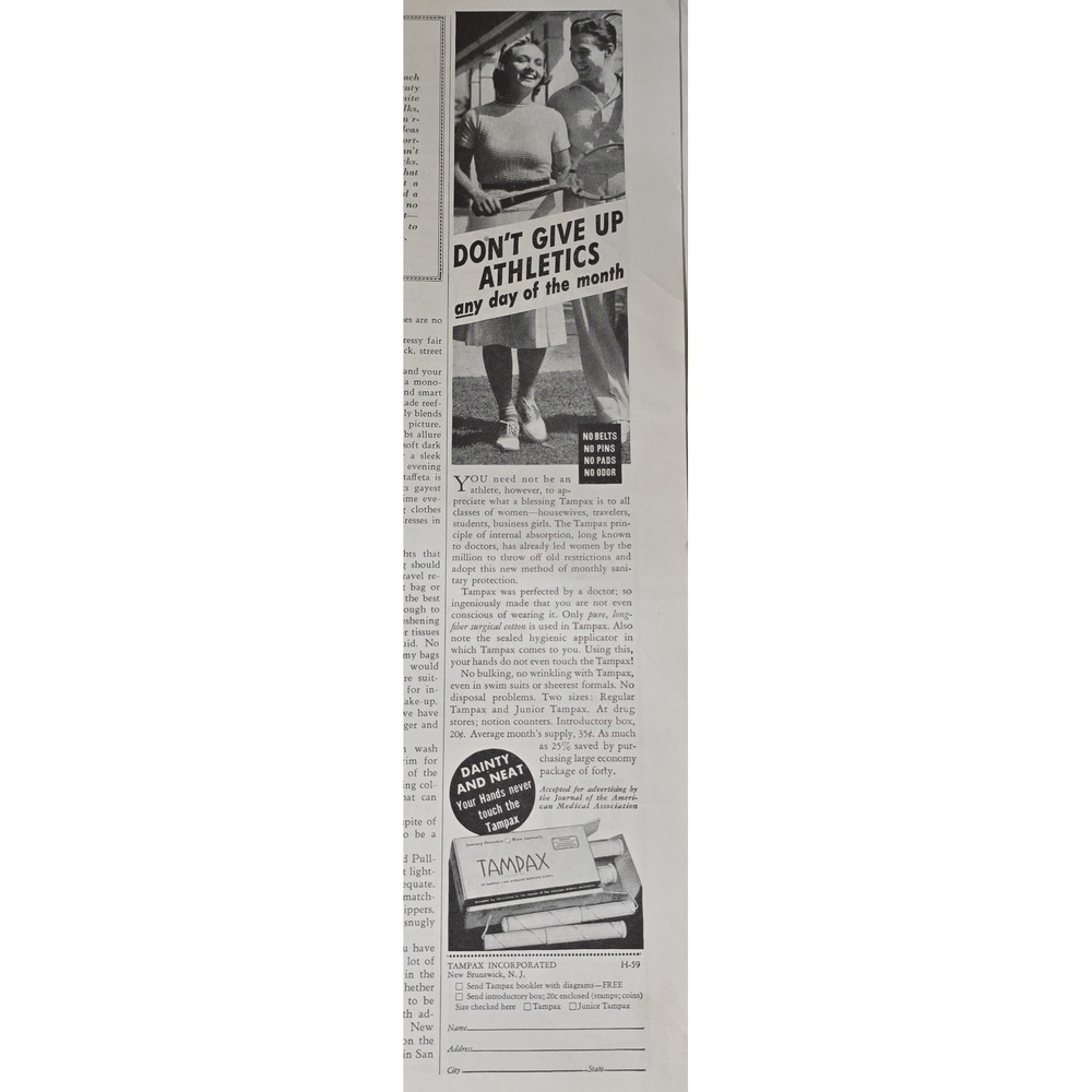 1939Tampax Advertisement Don't Give Up Athletics Any Day of the Month Retro Ad